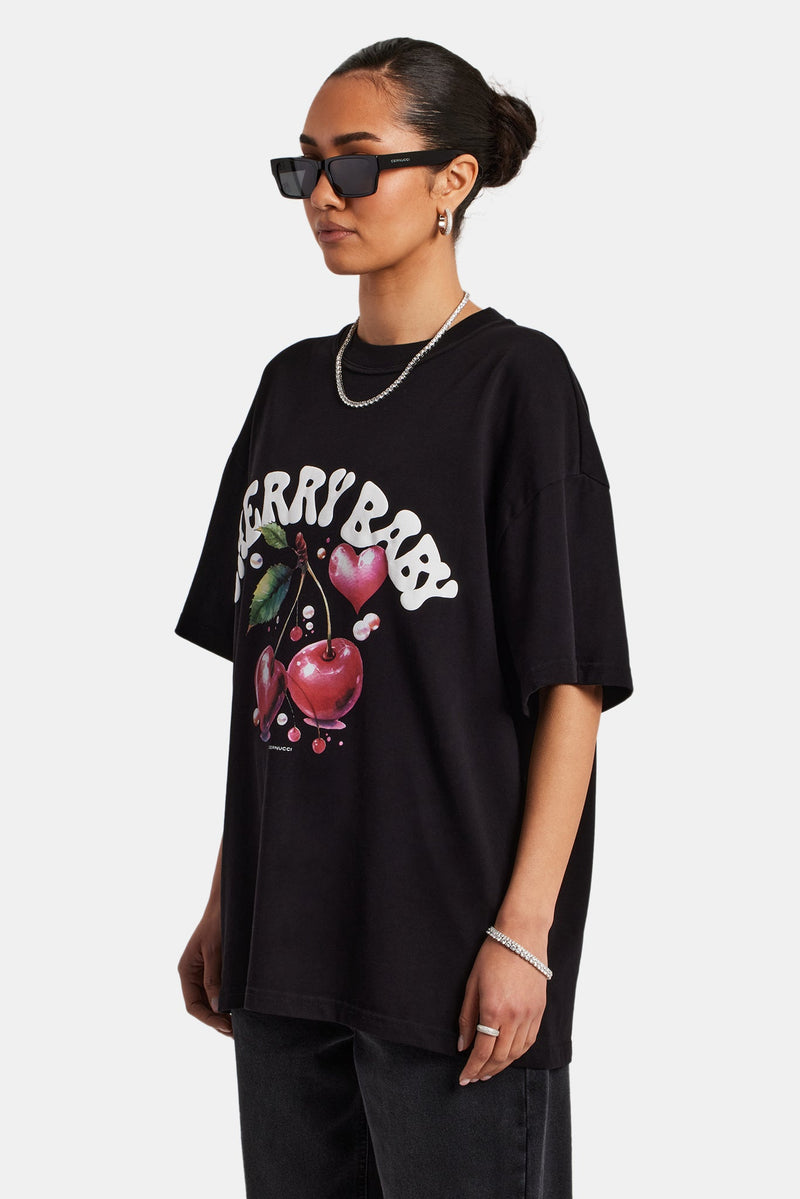 Oversized Cherry Graphic T-Shirt - Black