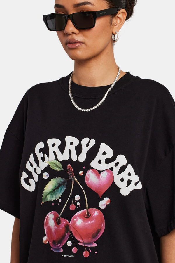 Oversized Cherry Graphic T-Shirt - Black