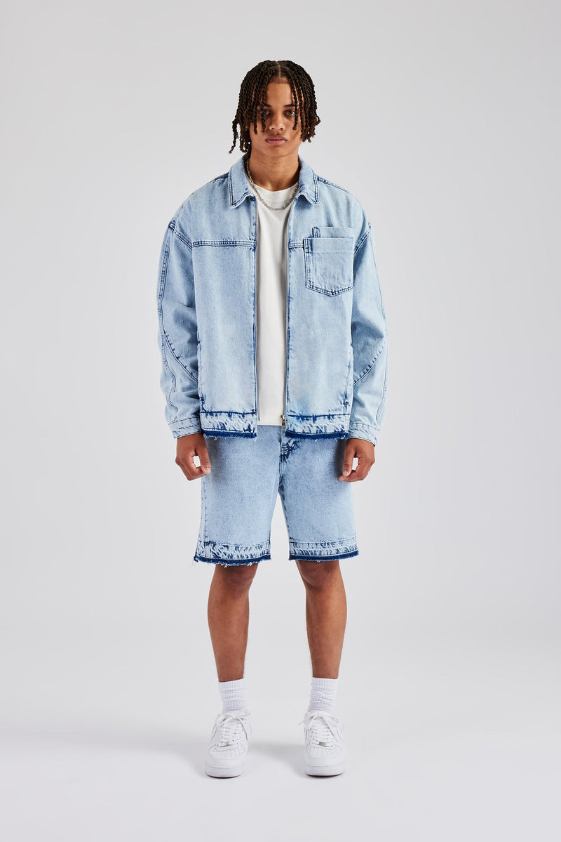 Denim Zip Jacket & Panelled Short Set - Light Blue