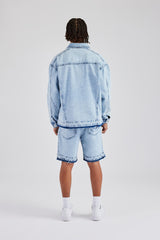 Denim Zip Jacket & Panelled Short Set - Light Blue