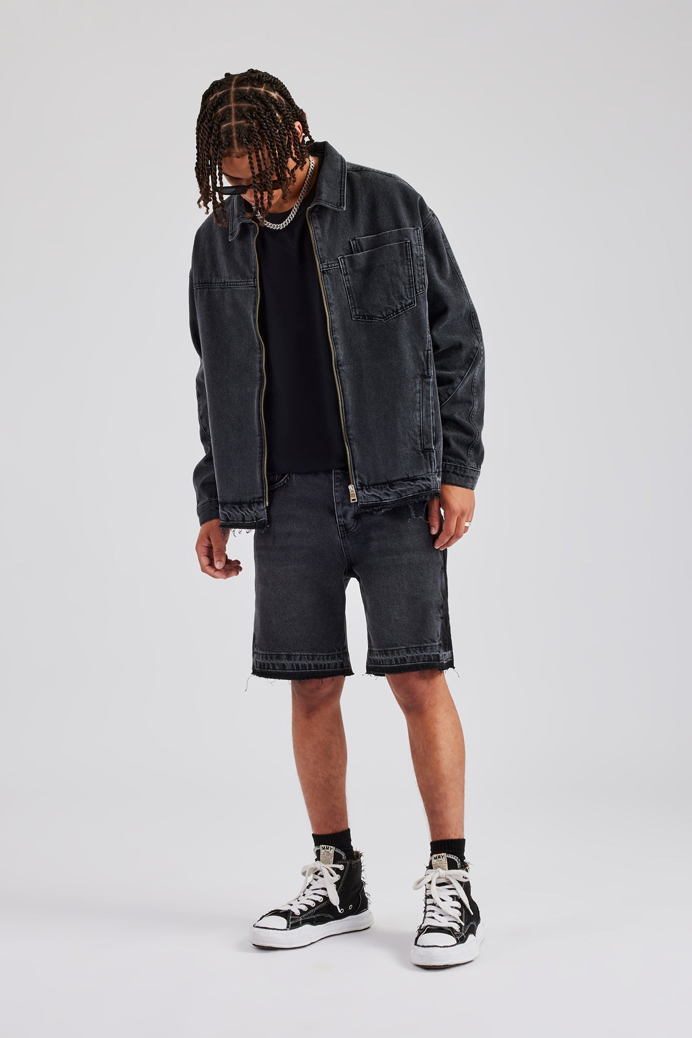 Denim Zip Jacket & Panelled Short Set - Washed Grey | Mens Sets