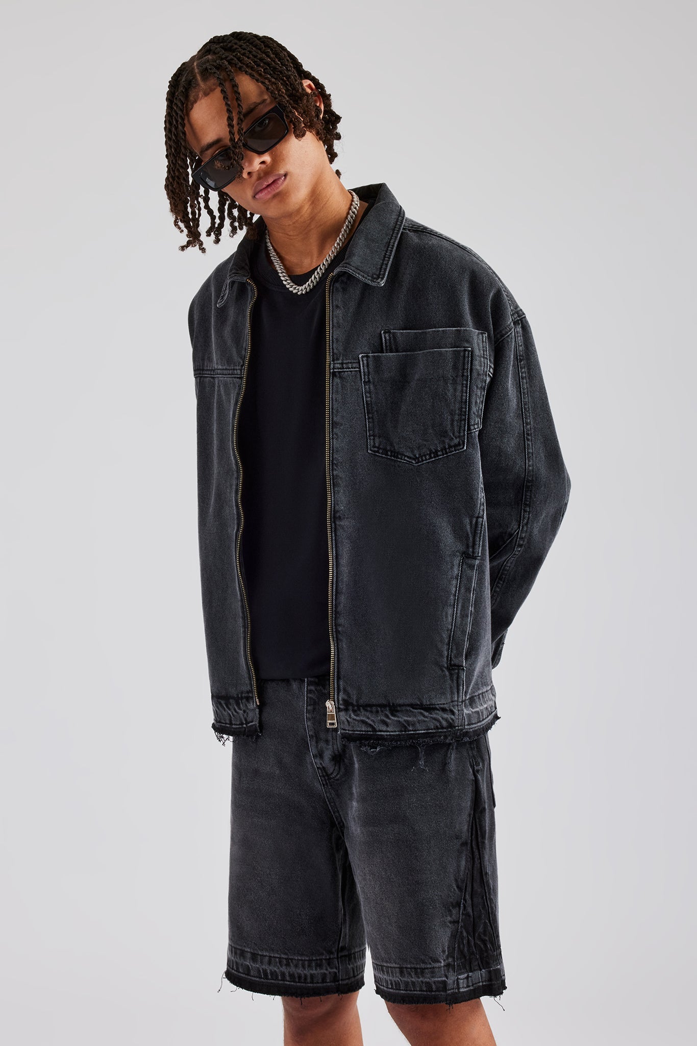 Denim Zip Jacket & Panelled Short Set - Washed Grey | Mens Sets