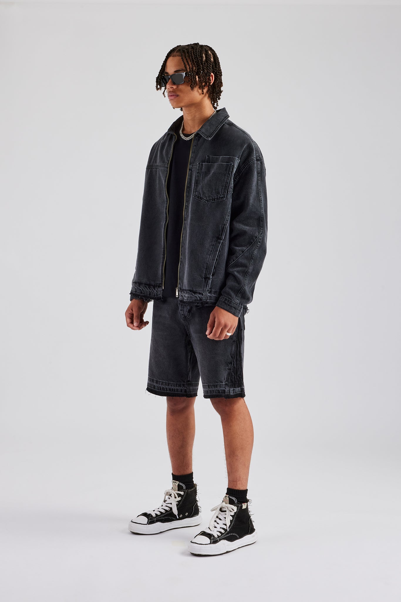 Denim Zip Jacket & Panelled Short Set - Washed Grey | Mens Sets