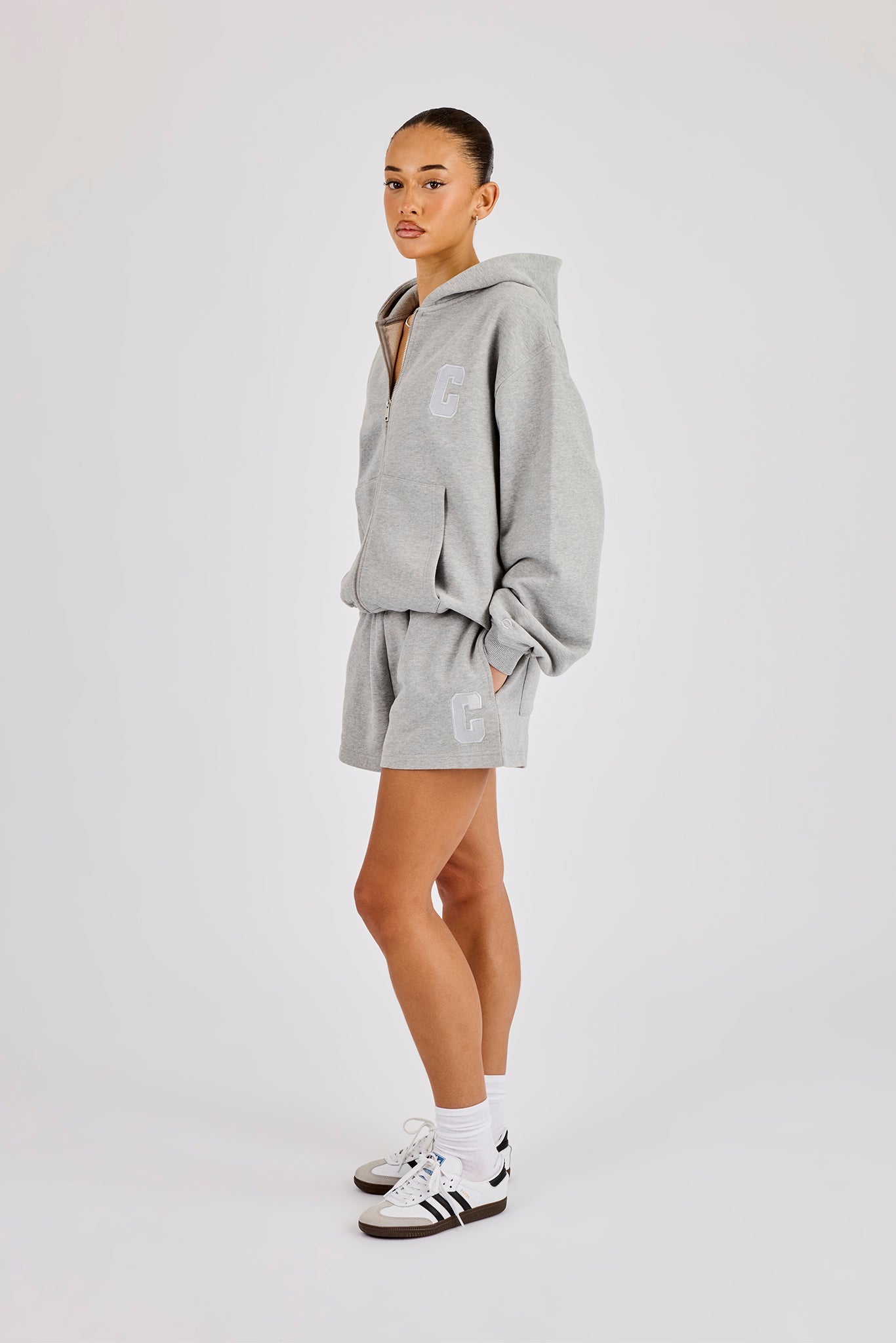 C Embroidered Zip Through Hoodie & Short - Grey Marl