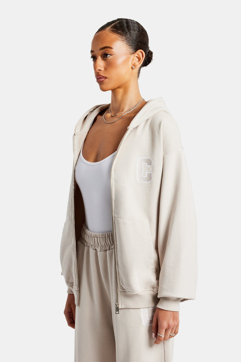 C Embroidered Zip Through Hoodie - Stone