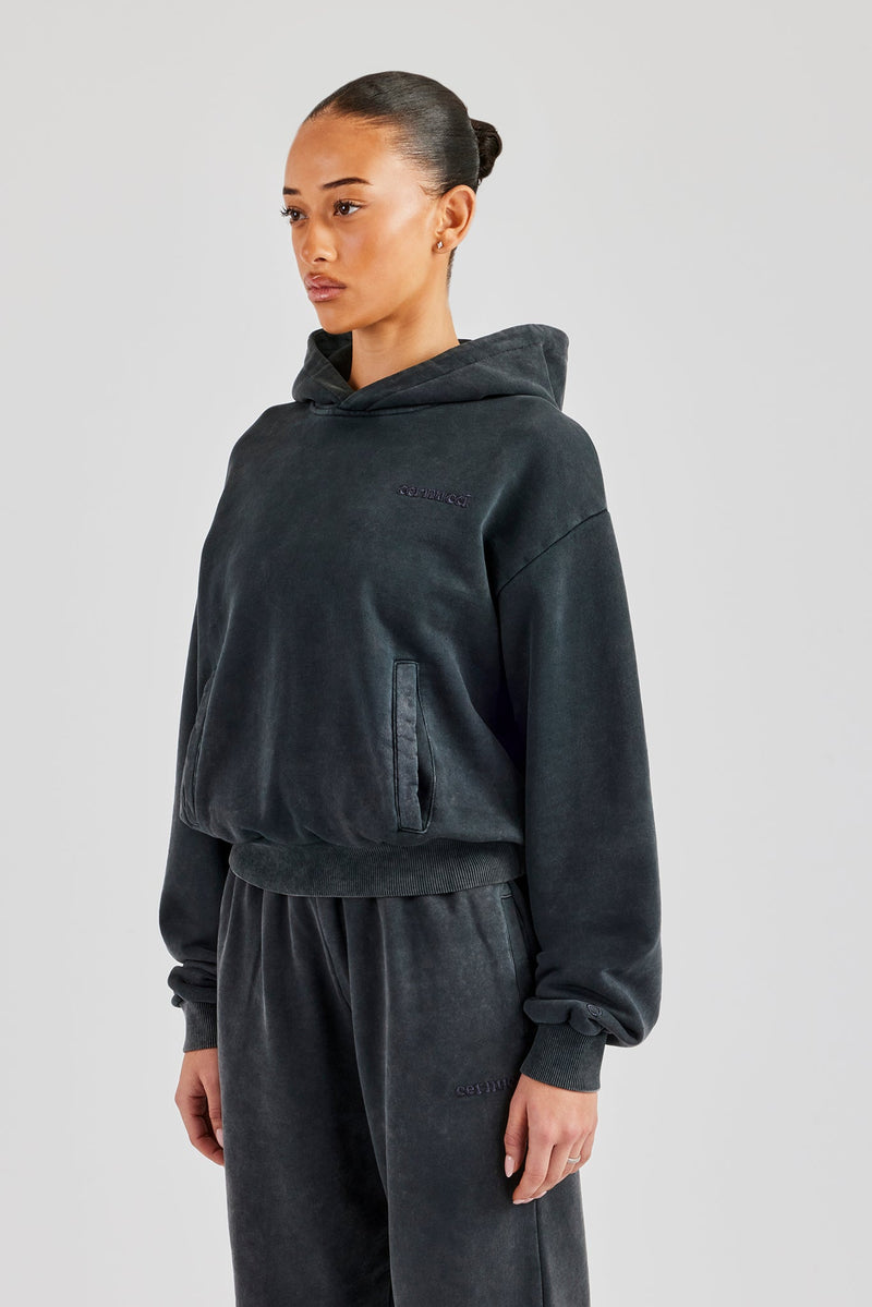 Womens Acid Wash Boxy Hoodie - Charcoal