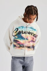 Boxy Zip Through Printed Hoodie - Off White