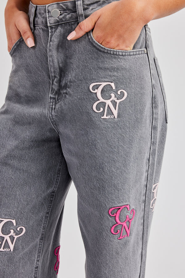 Womens Baggy Fit Branded Embroidered Denim Jean - Washed Grey