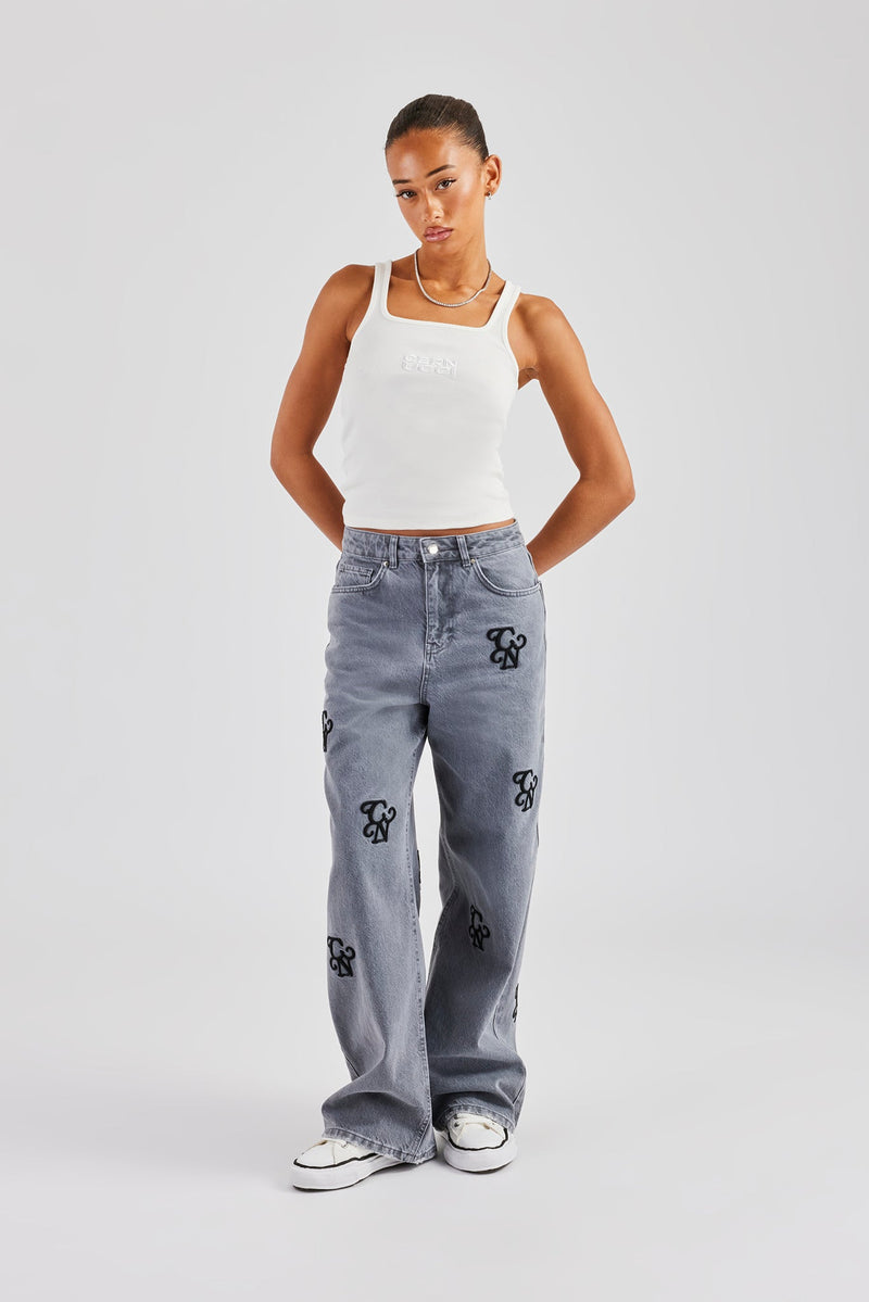 Womens Baggy Fit Branded Embroidered Denim Jean - Washed Grey