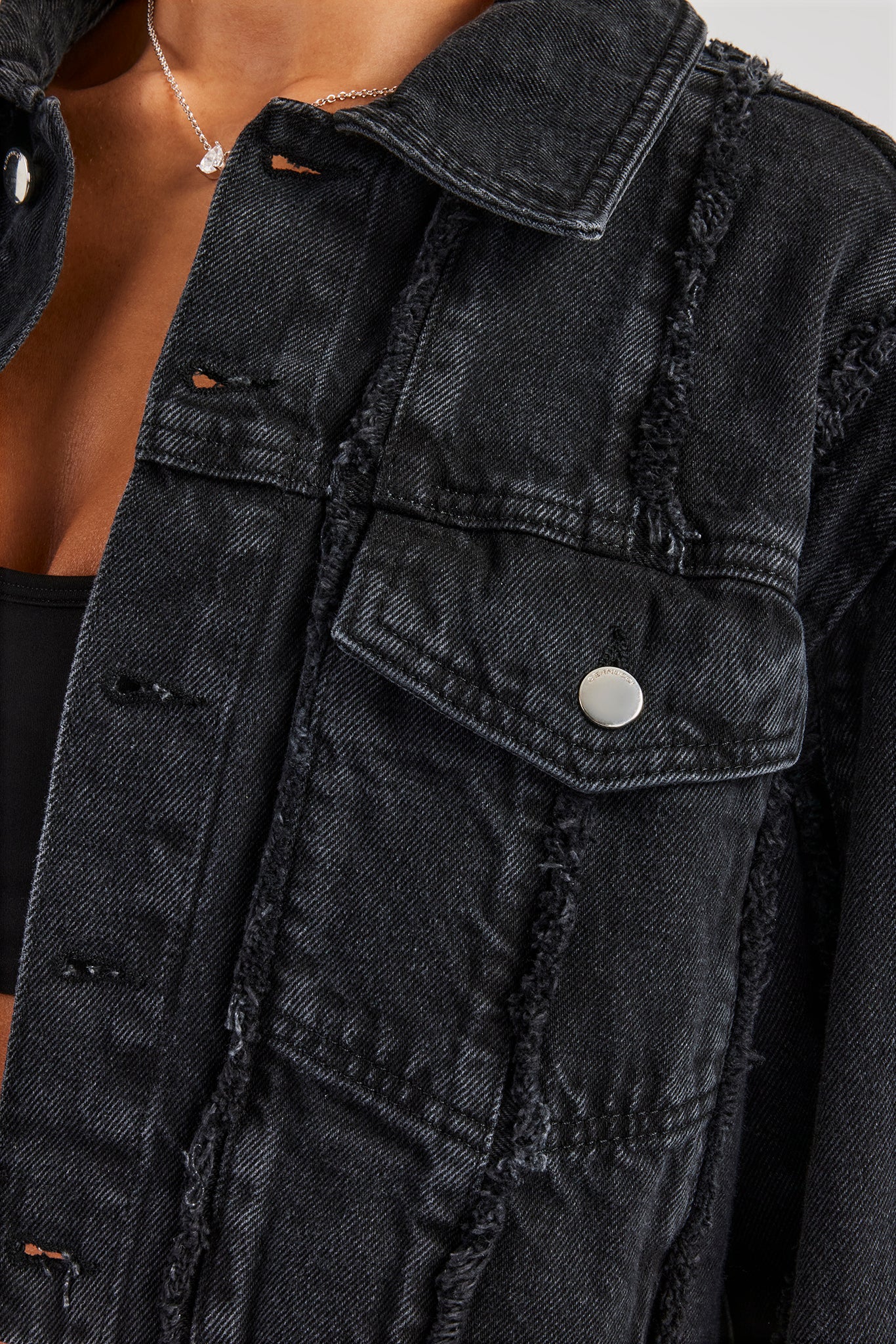 Oversized Raw Edge Cropped Denim Jacket - Washed Black | Womens