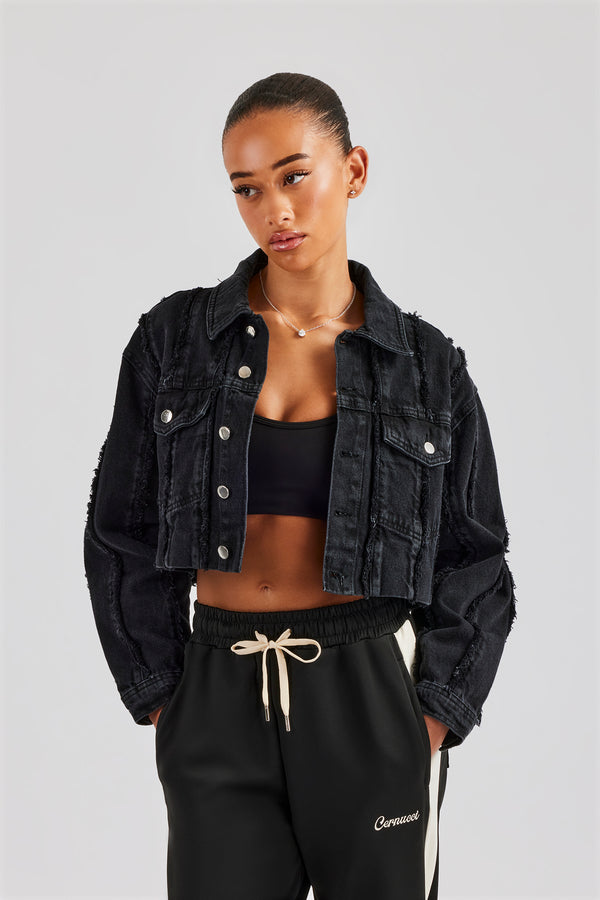 Oversized Raw Edge Cropped Denim Jacket - Washed Black