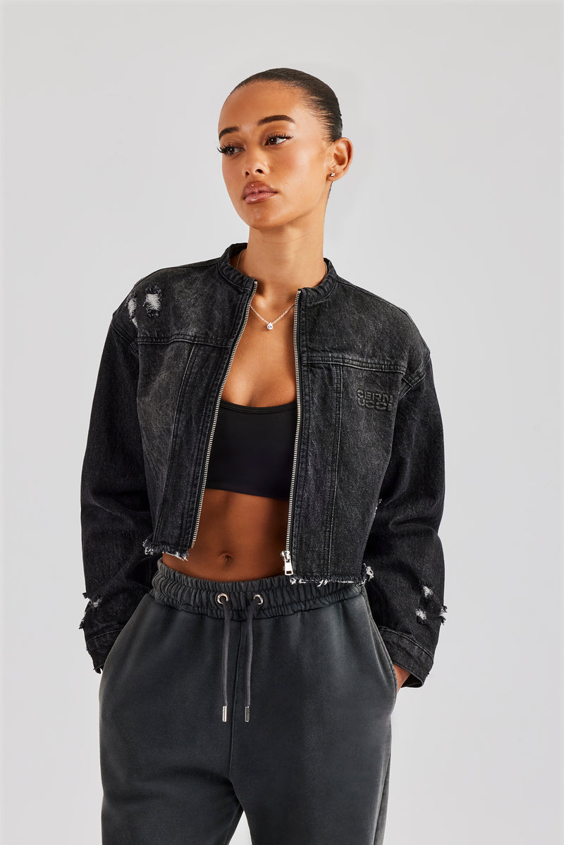 Raw Hem Denim Collarless Jacket - Washed Black