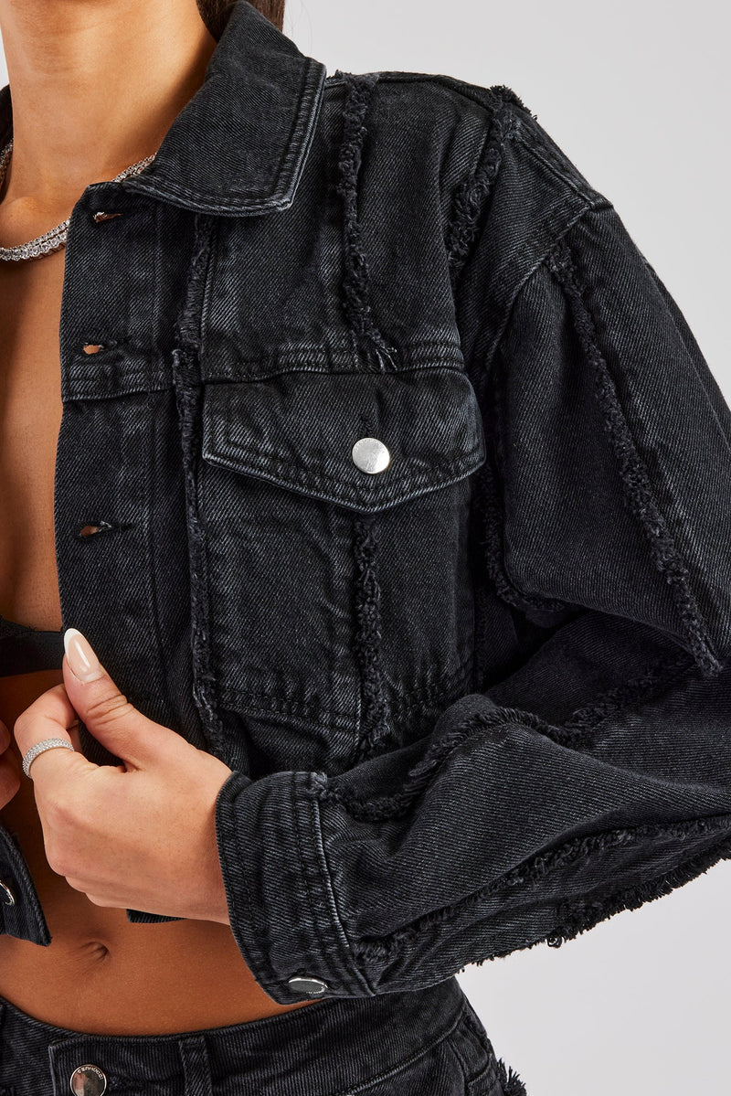 Oversized Raw Edge Cropped Denim Jacket - Washed Black