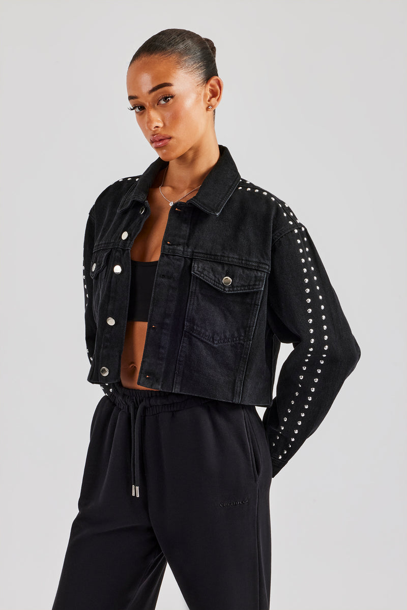 Stud Cropped Denim Jacket - Washed Black