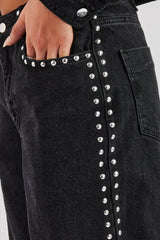 Pearl Stud Cropped Denim Jacket & Flare Jean - Washed Black