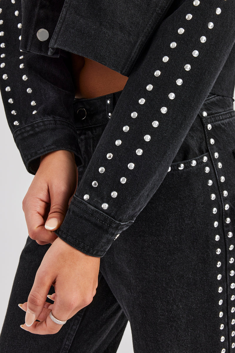 Pearl Stud Cropped Denim Jacket & Flare Jean - Washed Black