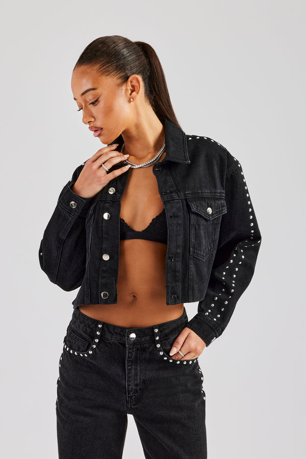 Pearl Stud Cropped Denim Jacket & Flare Jean - Washed Black