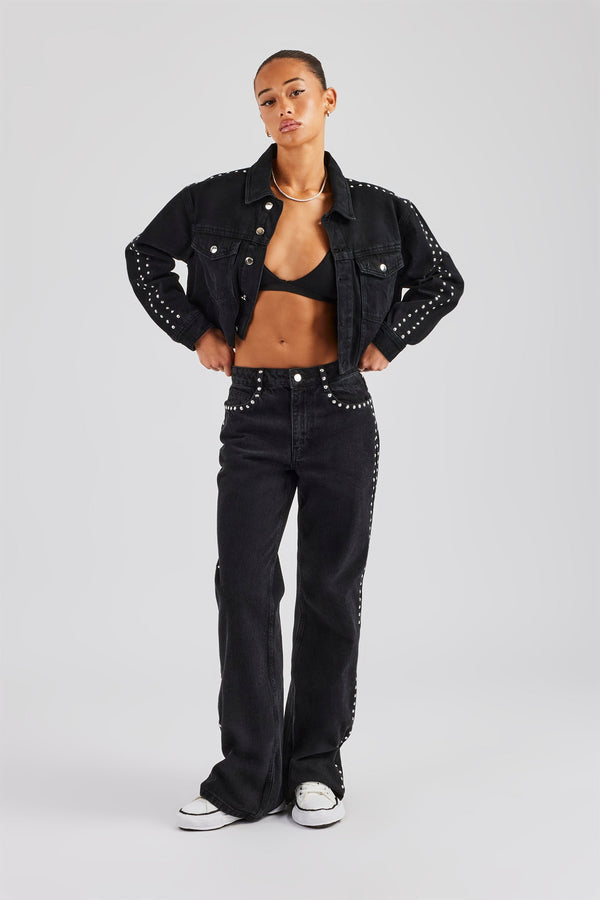 Pearl Stud Cropped Denim Jacket & Flare Jean - Washed Black