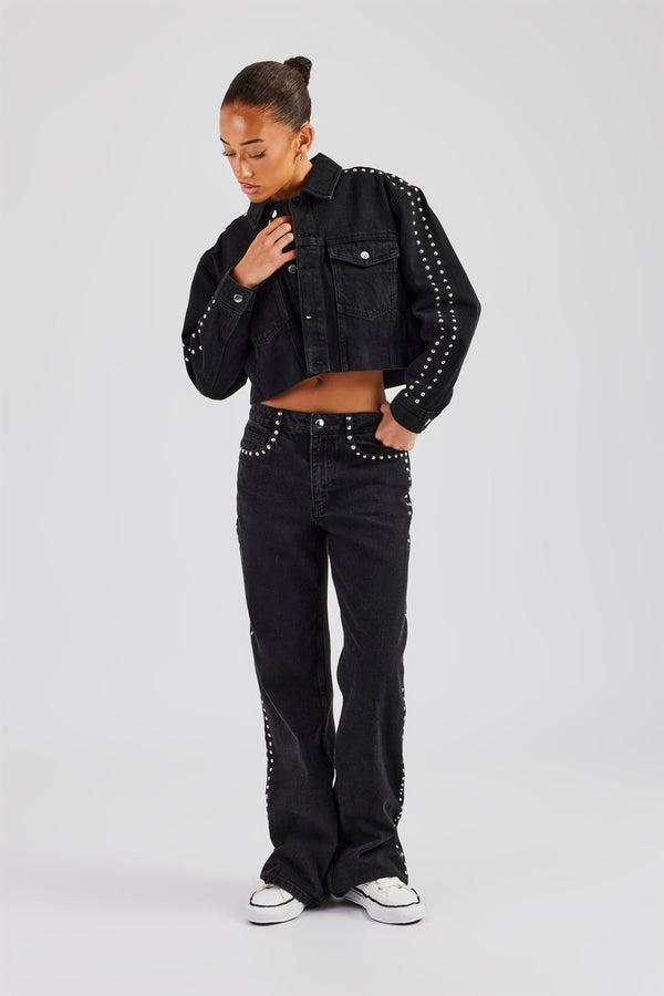 Pearl Stud Cropped Denim Jacket & Flare Jean - Washed Black