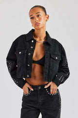 Stud Cropped Denim Jacket - Washed Black