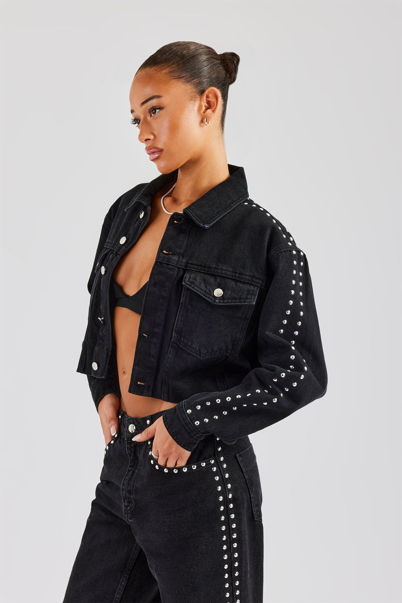 Stud Cropped Denim Jacket - Washed Black