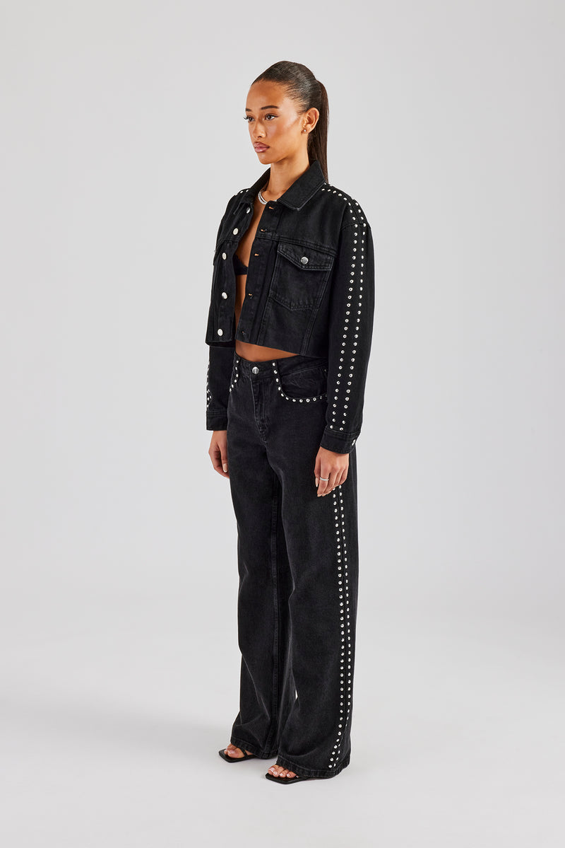 Pearl Stud Cropped Denim Jacket & Flare Jean - Washed Black