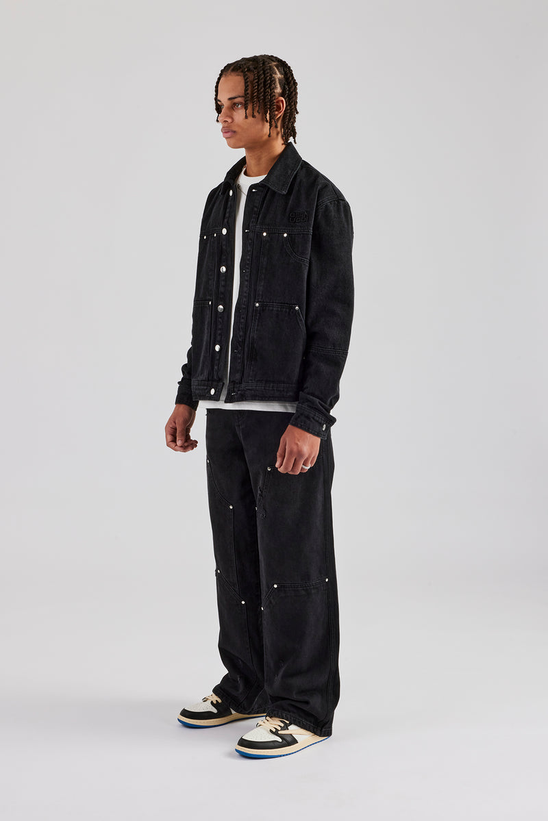 Oversized Carpenter Denim Jacket & Baggy Jean - Washed Black | Mens Sets | Shop Denim Sets at CERNUCCI.COM Cernucci US Oversized Carpenter Denim Jacket & Baggy Jean - Washed Black | Mens Sets | Shop Denim Sets at CERNUCCI.COM Cernucci US