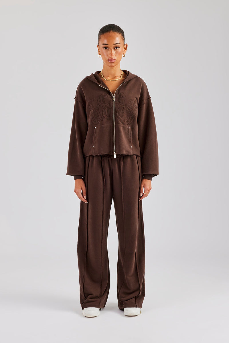 Raw Edge Zip Through Hoodie and Jogger Set - Chocolate