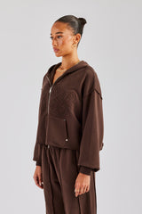 Raw Edge Zip Through Hoodie - Chocolate