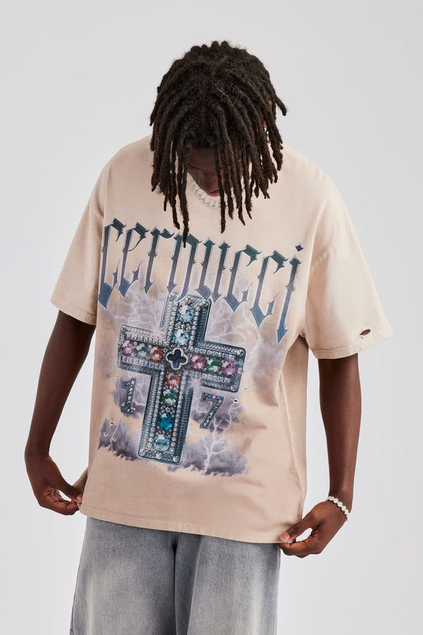 Multi Gem Cross Distressed Oversized Graphic T-Shirt - Taupe