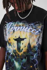 Rhinestone Lightning Oversized T-Shirt - Black