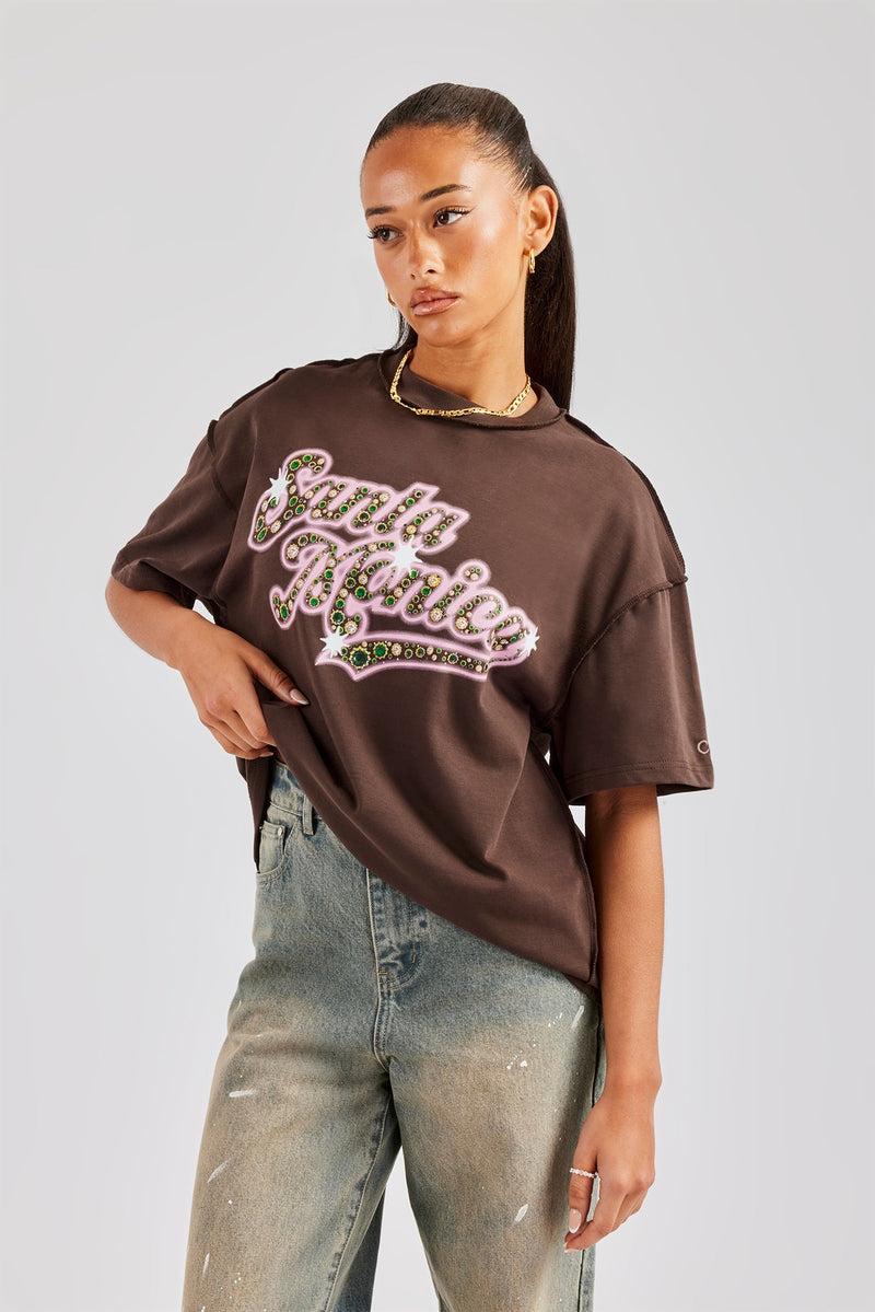 Santa Monica Rhinestone Oversized T-Shirt - Chocolate