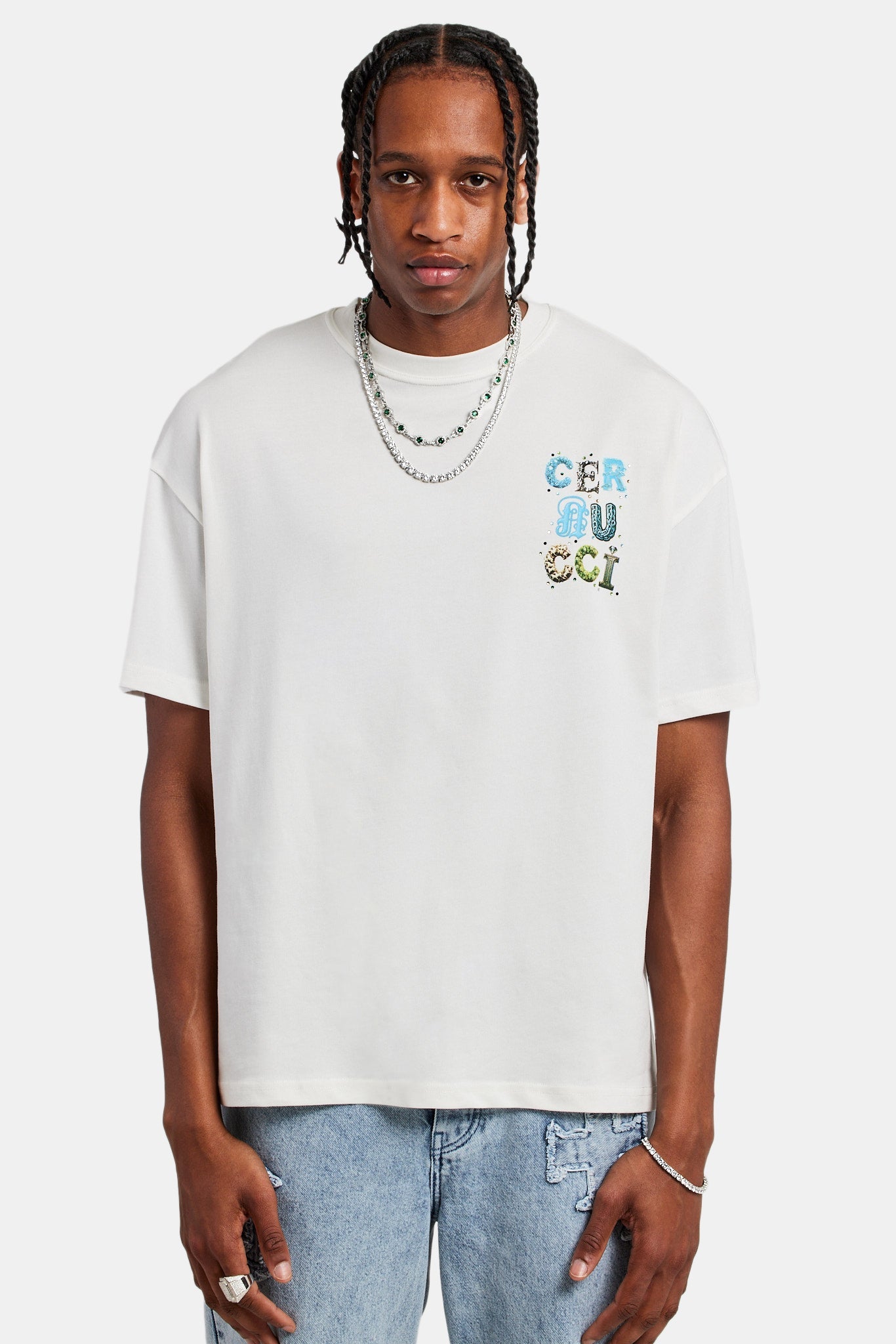 Cernucci Letter Rhinestone Oversized T-Shirt | Mens Tees & Vests