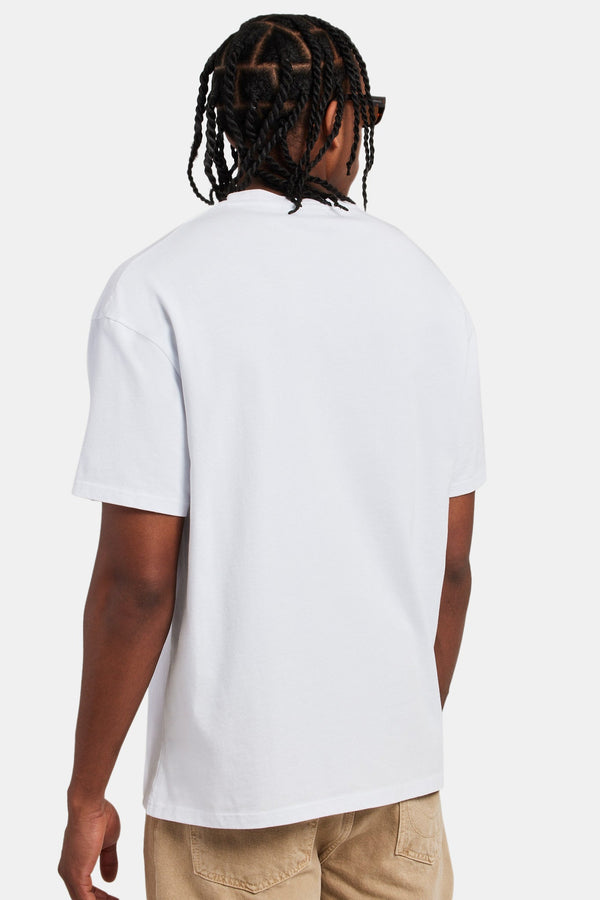 male model wearing the Cernucci Est 17 oversized t-shirt in white