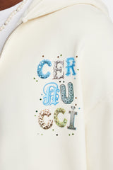 Cernucci Letter Rhinestone Zip Through Hoodie & Short Set - Off White