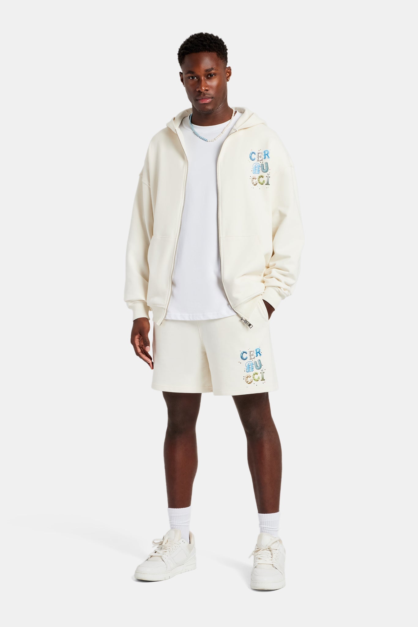 Cernucci Letter Rhinestone Zip Through Hoodie & Short Set - Off