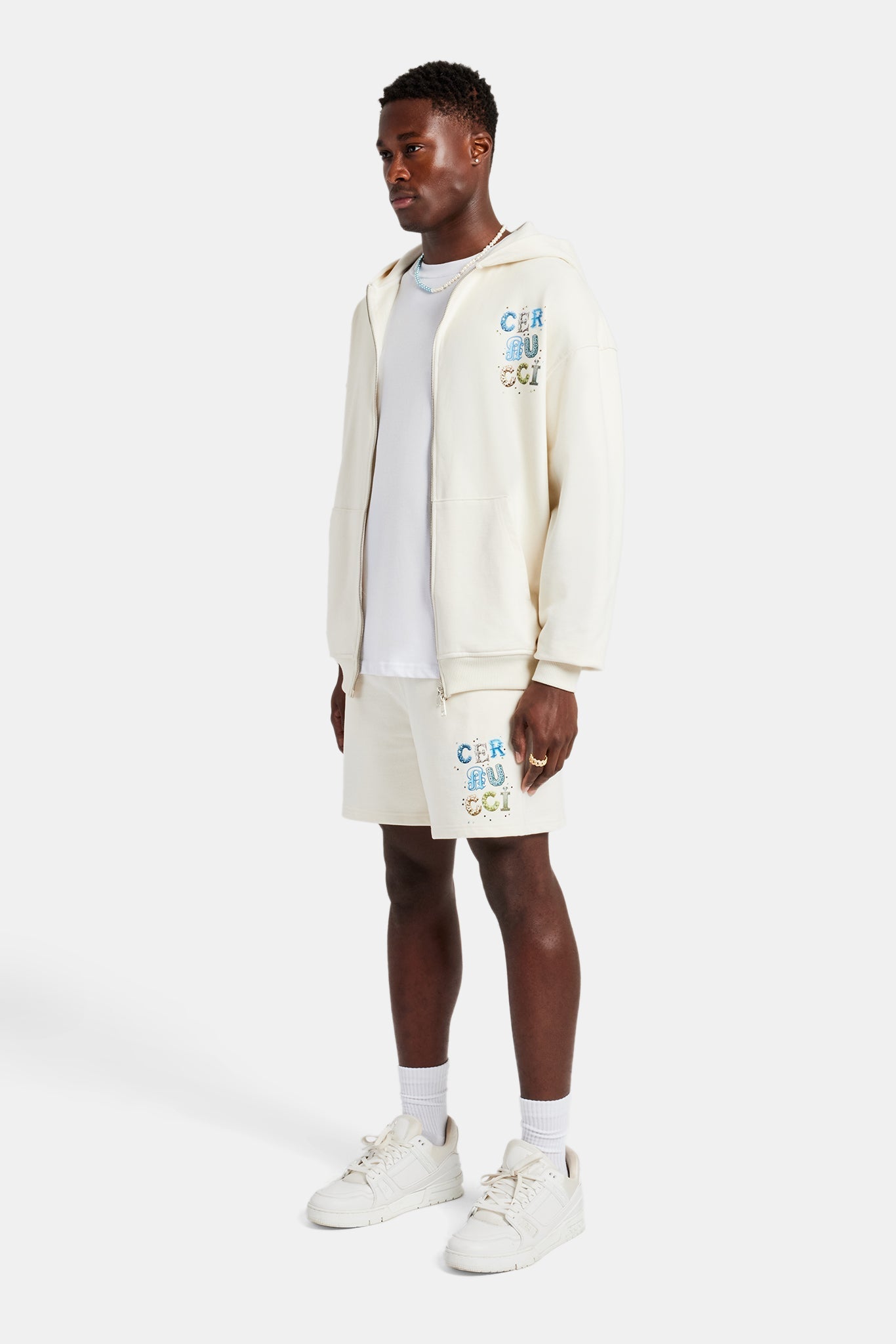 Cernucci Letter Rhinestone Zip Through Hoodie & Short Set - Off