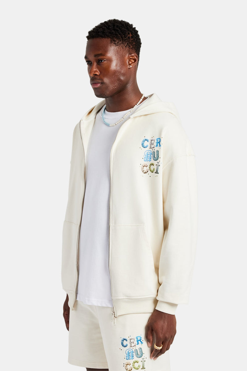 Cernucci Letter Rhinestone Zip Through Hoodie - Off White