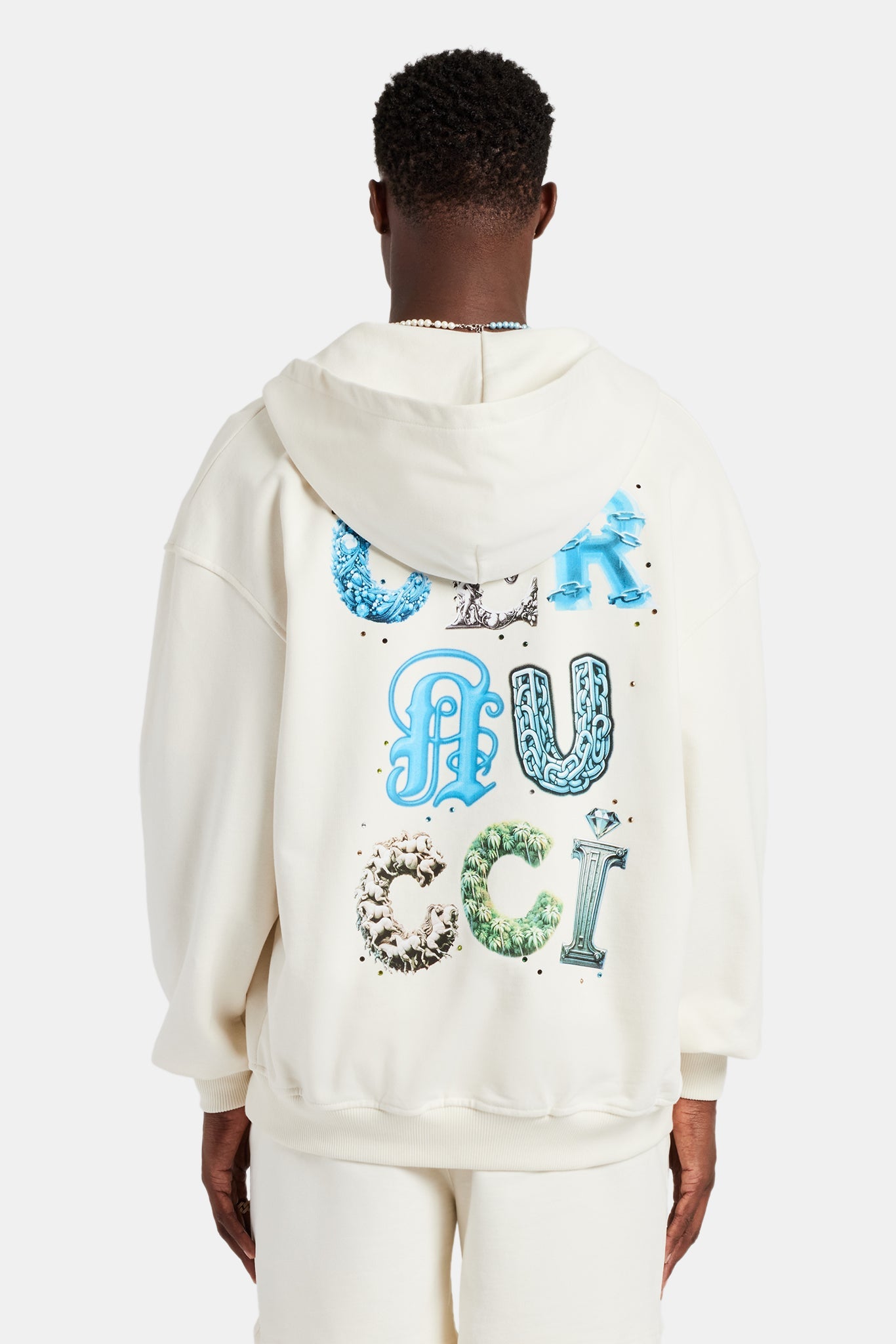 Cernucci Letter Rhinestone Zip Through Hoodie - Off White | Mens
