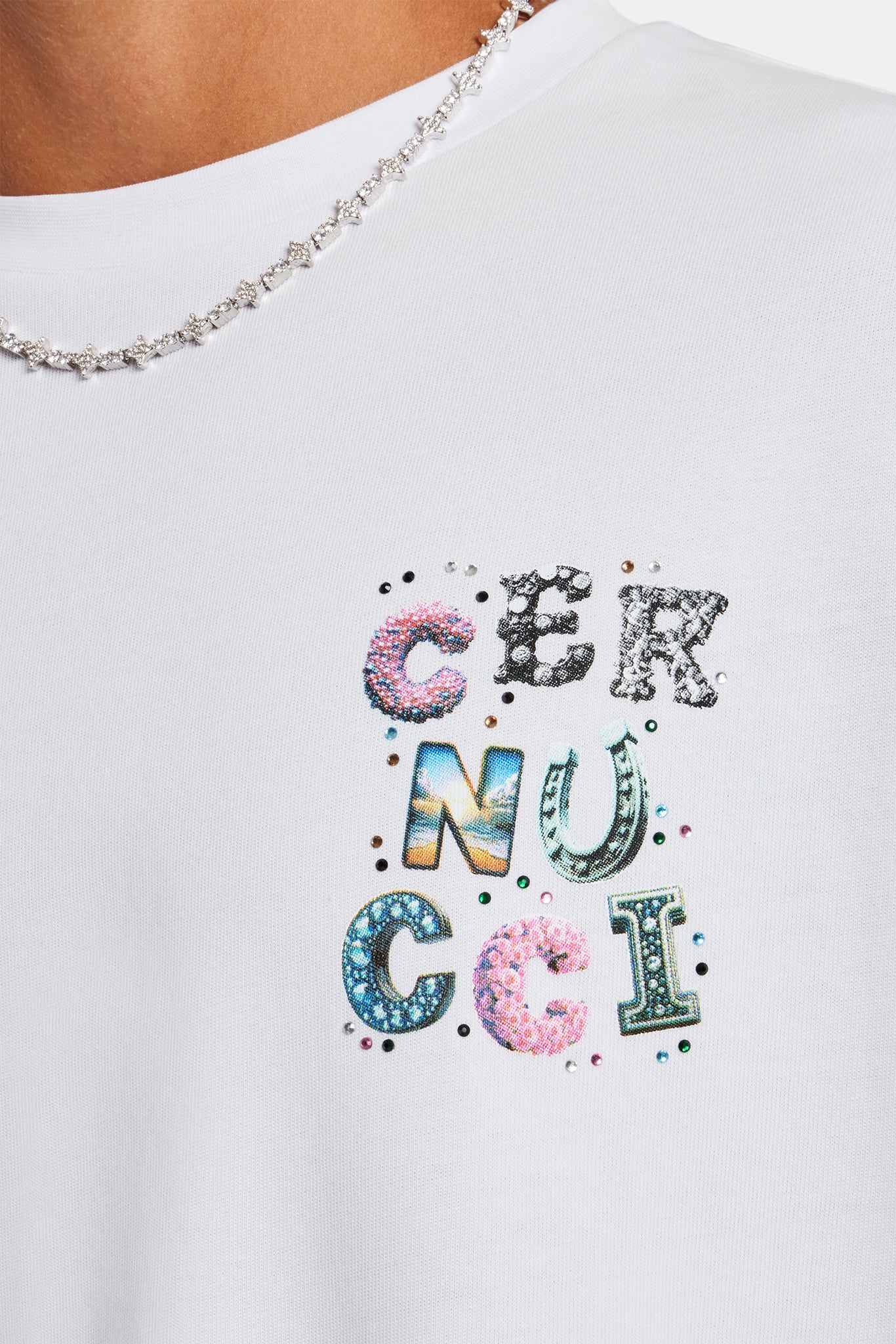 Cernucci Letter Rhinestone Oversized T-Shirt - White | Mens Tees