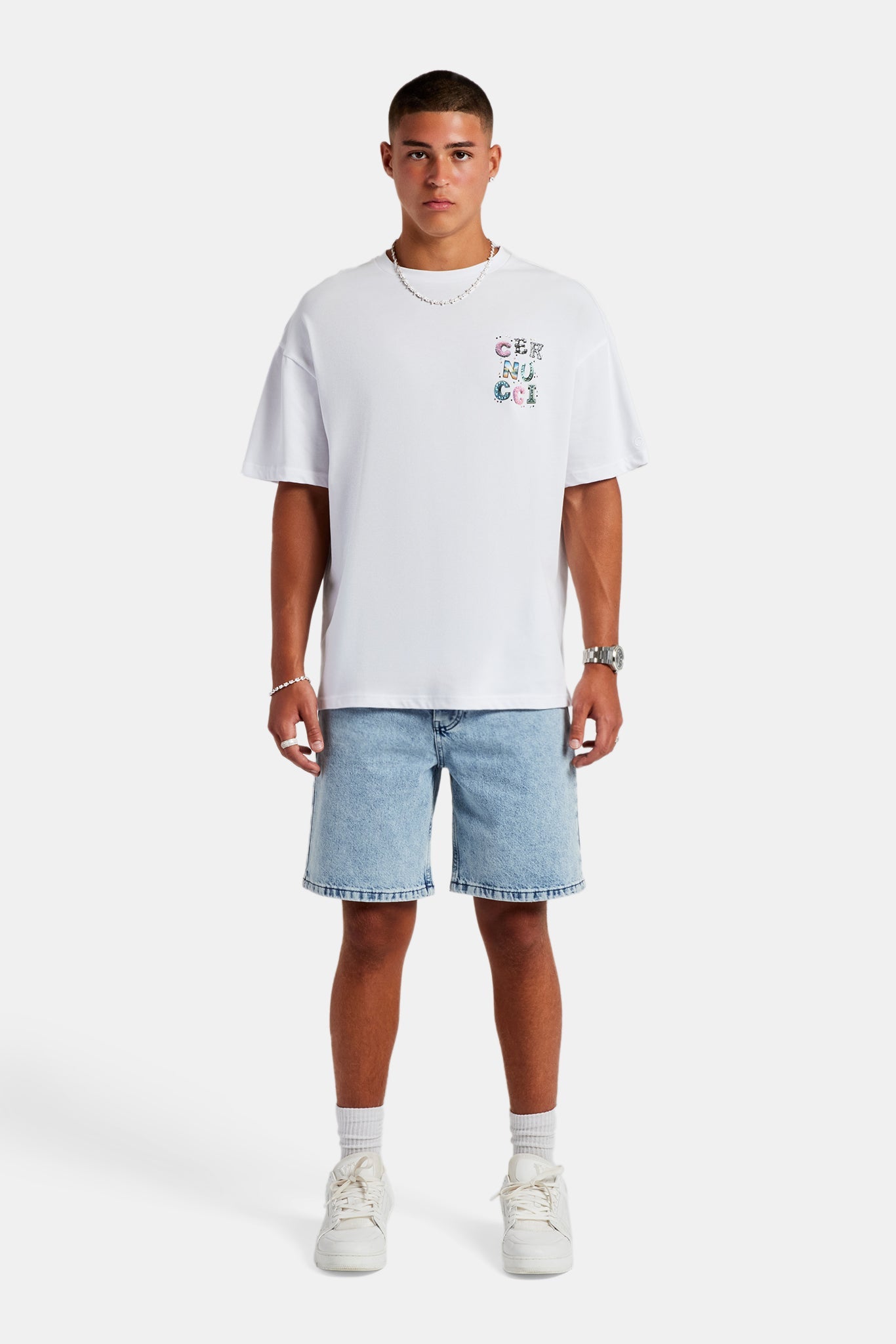 Cernucci Letter Rhinestone Oversized T-Shirt - White | Mens Tees