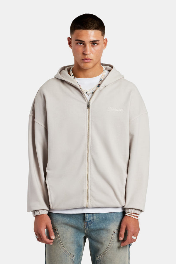 Embroidered Zip Through Hoodie - Washed Stone