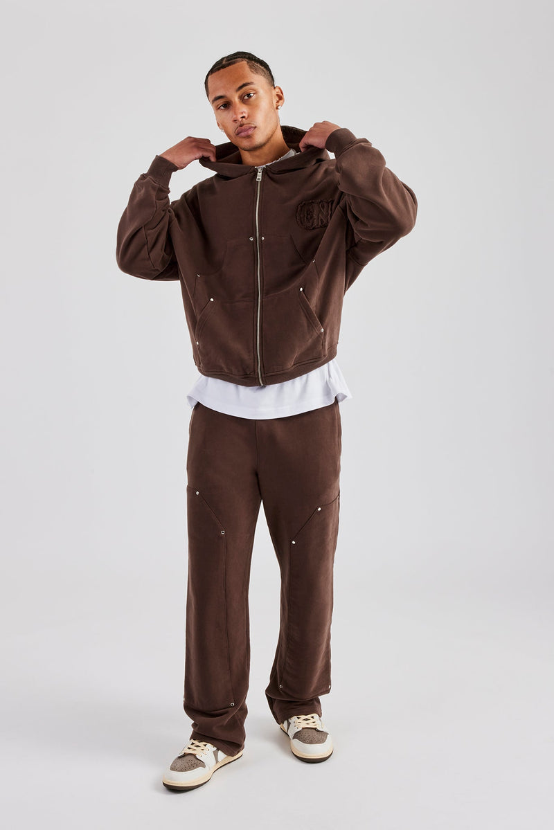 Carpenter Raw Edge Zip Through Hoodie - Chocolate