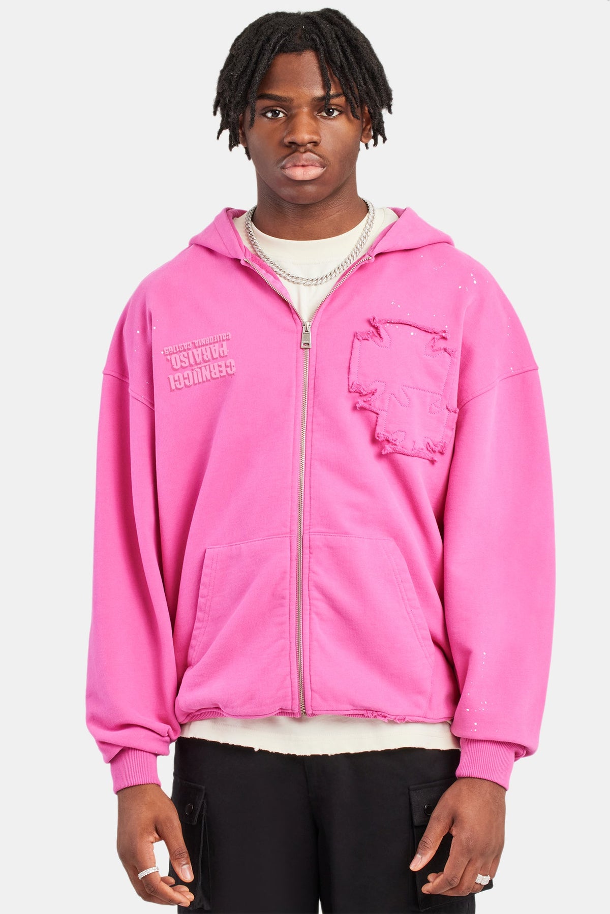 Printed Applique Zip Hoodie - Pink | Mens Hoodies & Sweats | Shop
