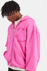 Printed Applique Zip Hoodie - Pink