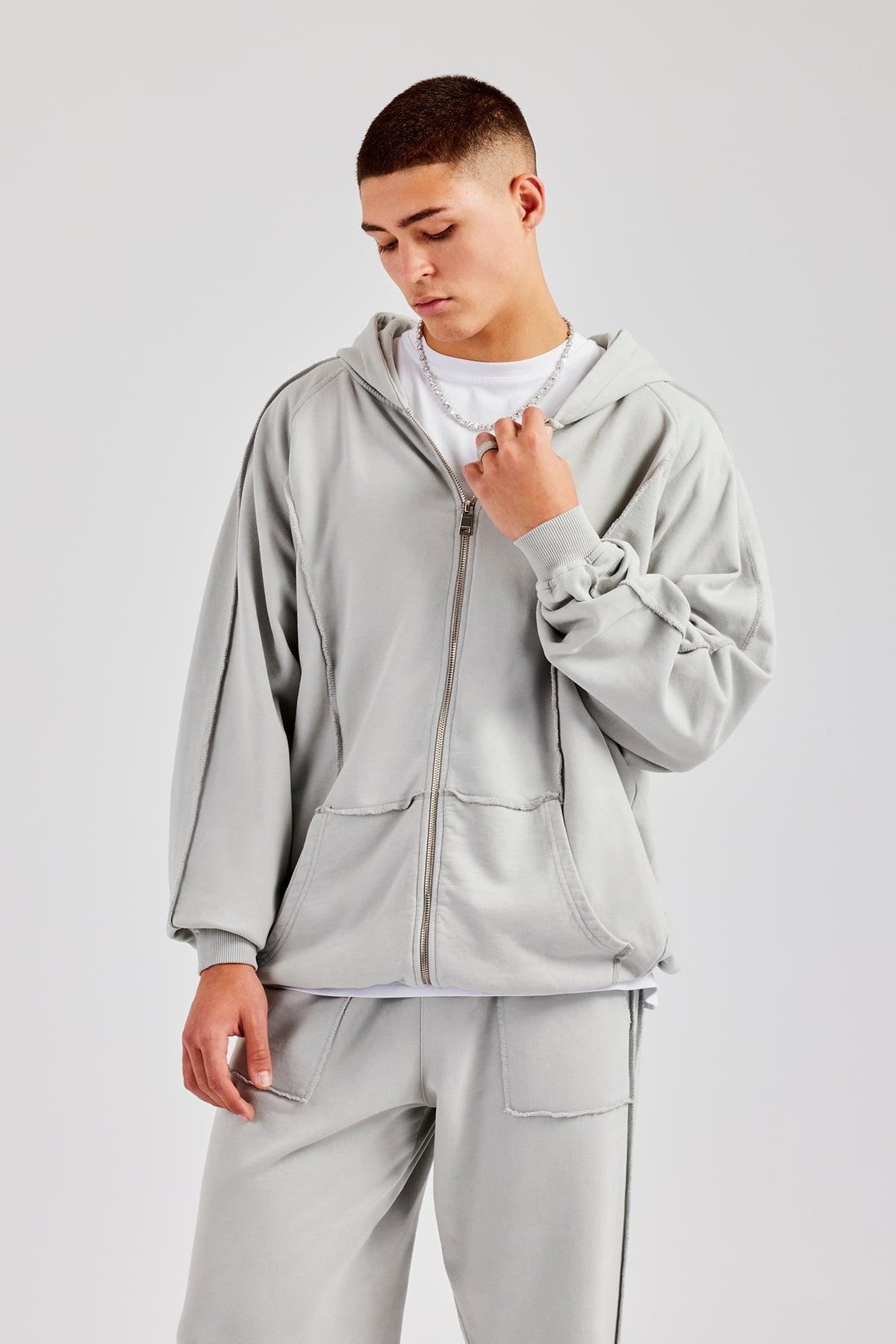 Raw Edge Zip Through Hoodie Ash Grey Mens Hoodies Sweats