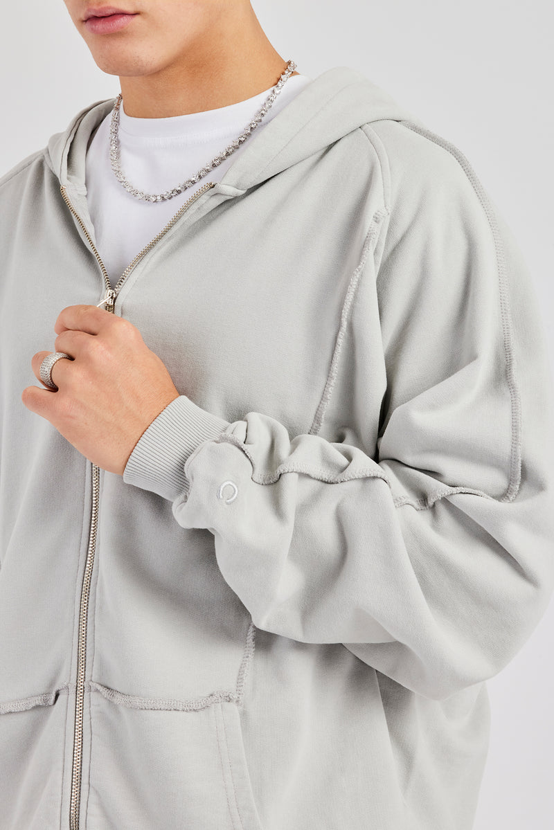 Exposed Seam Zip Through Hoodie - Ash Grey