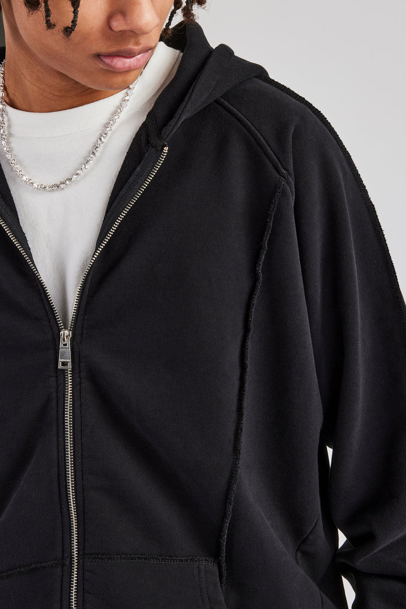 Exposed Seam Zip Through Hoodie - Black