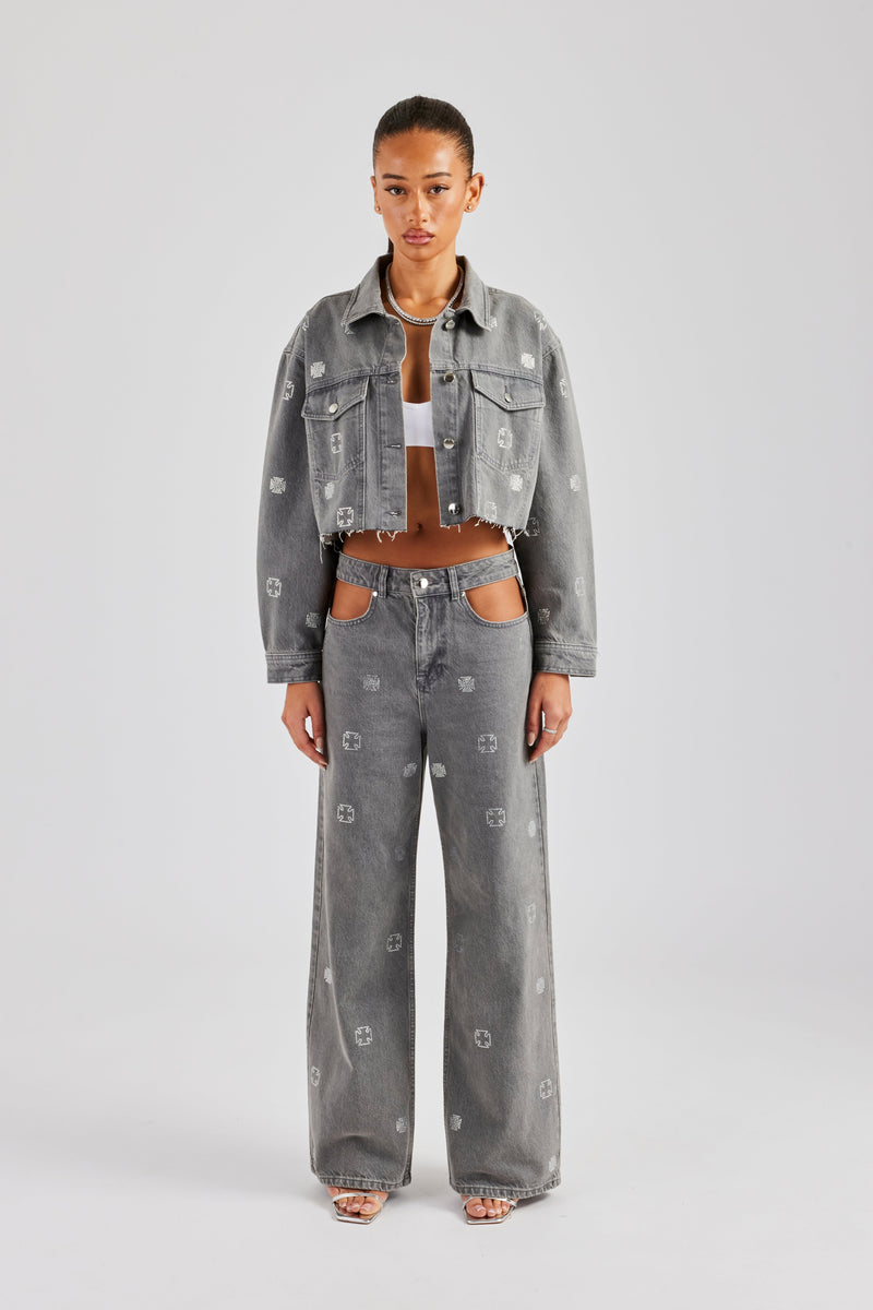 Rhinestone Motif Denim Jacket and Jean Set - Washed Grey