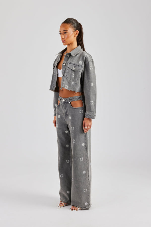 Rhinestone Motif Denim Jacket and Jean Set - Washed Grey